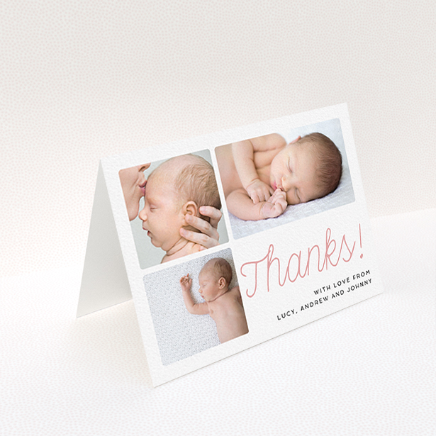 A baby thank you card template titled "Thank You Cursive". It is an A6 card in a landscape orientation. It is a photographic baby thank you card with room for 3 photos. "Thank You Cursive" is available as a folded card, with tones of white and pink.