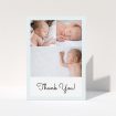 A baby thank you card template titled "Thank You!". It is an A6 card in a portrait orientation. It is a photographic baby thank you card with room for 3 photos. "Thank You!" is available as a folded card, with tones of blue and white.