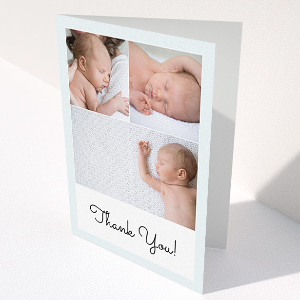 A baby thank you card template titled "Thank You!". It is an A6 card in a portrait orientation. It is a photographic baby thank you card with room for 3 photos. "Thank You!" is available as a folded card, with tones of blue and white.