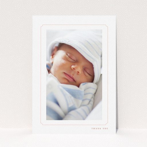 A baby thank you card called "Thin Pink". It is an A5 card in a portrait orientation. It is a photographic baby thank you card with room for 1 photo. "Thin Pink" is available as a flat card, with tones of white and pink.