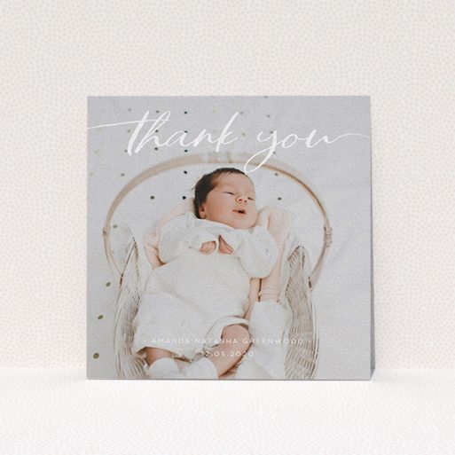 A baby thank you card design titled "Topped and Bottomed". It is a square (148mm x 148mm) card in a square orientation. It is a photographic baby thank you card with room for 1 photo. "Topped and Bottomed" is available as a flat card, with mainly white colouring.