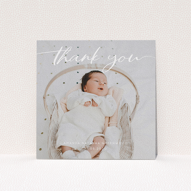 A baby thank you card design titled "Topped and Bottomed". It is a square (148mm x 148mm) card in a square orientation. It is a photographic baby thank you card with room for 1 photo. "Topped and Bottomed" is available as a flat card, with mainly white colouring.