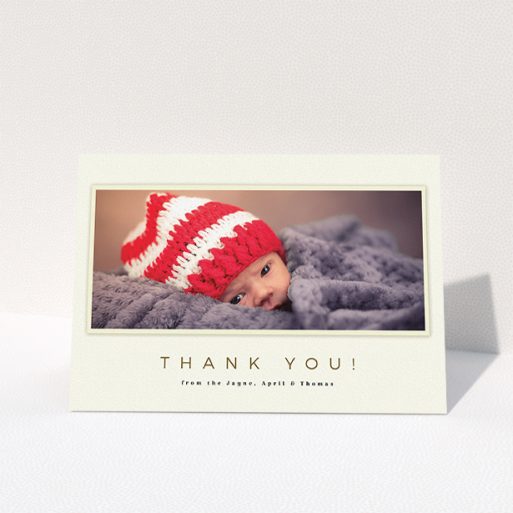 A baby thank you card template titled "Torn Cream Frame". It is an A5 card in a landscape orientation. It is a photographic baby thank you card with room for 1 photo. "Torn Cream Frame" is available as a folded card, with mainly cream colouring.