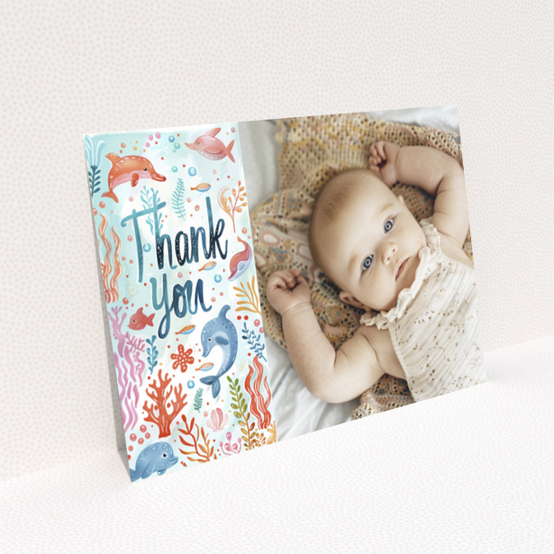 Baby thank you card featuring sea creatures illustration and photo of a baby