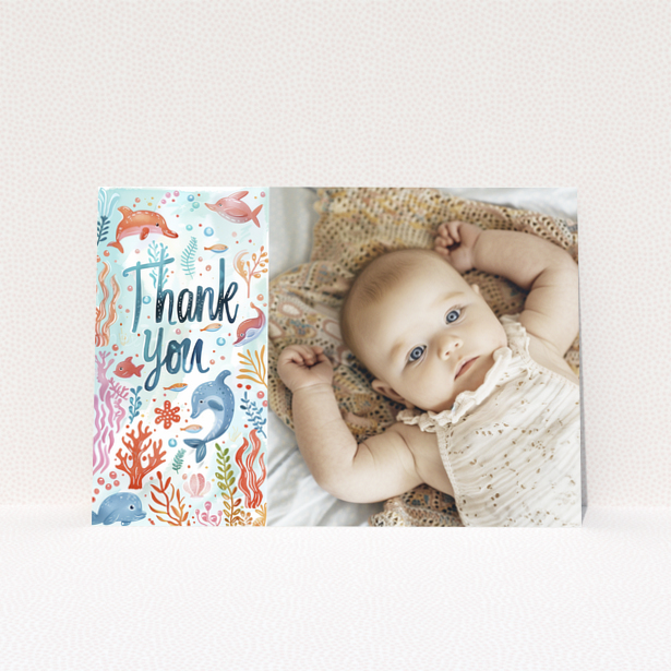 Baby thank you card featuring sea creatures illustration and photo of a baby
