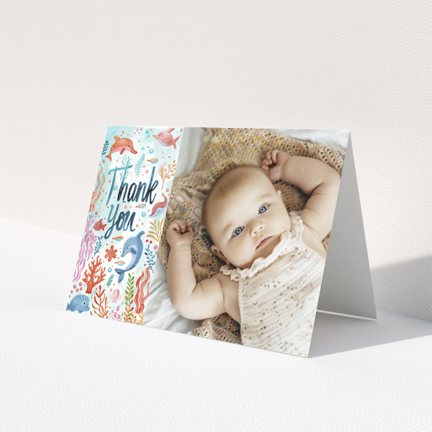 Baby thank you card featuring sea creatures illustration and photo of a baby