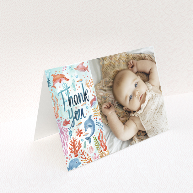 Baby thank you card featuring sea creatures illustration and photo of a baby