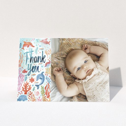 Baby thank you card featuring sea creatures illustration and photo of a baby