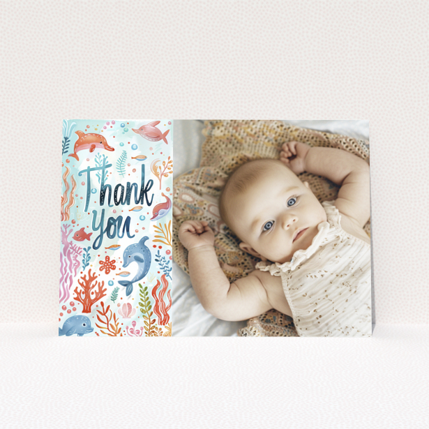 Baby thank you card featuring sea creatures illustration and photo of a baby