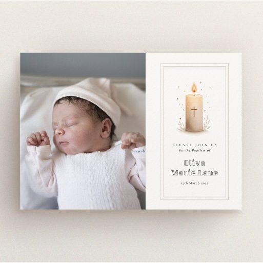 Elegant Baptism Invitation Christening invitation design featuring a single photo of a baby with a candle illustration on a white background.