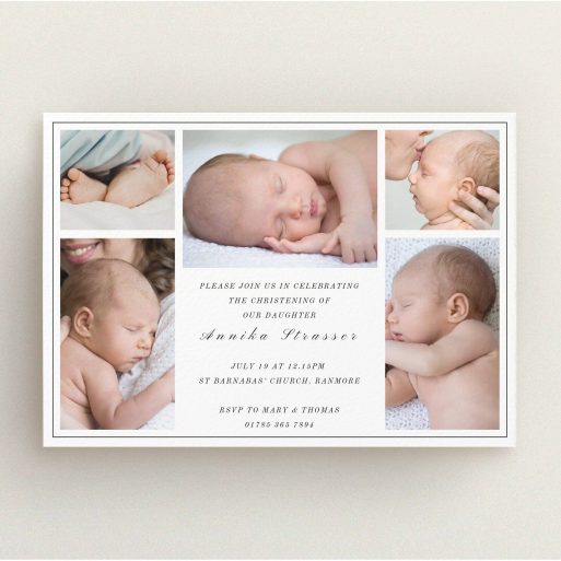 Baptism Invitation Design - "5 Frames" A baptism invitation design titled "5 Frames". It is an A5 invite card in a landscape orientation. It is a photographic baptism invitation with room for 3 photos. "5 Frames" is available as a flat invite card, with tones of black and white.