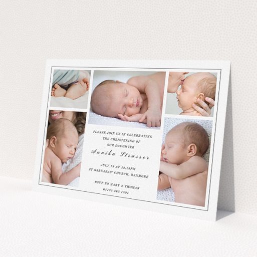 A baptism invitation design titled '5 Frames'. It is an A5 invite card in a landscape orientation. It is a photographic baptism invitation with room for 3 photos. '5 Frames' is available as a flat invite card, with tones of black and white.