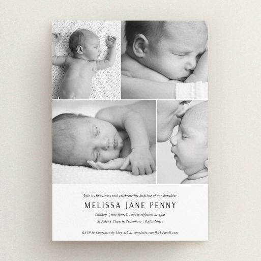 Baptism Invitation Design - "All on top" A baptism invitation template titled "All on top". It is an A5 invite card in a portrait orientation. It is a photographic baptism invitation with room for 4 photos. "All on top" is available as a flat invite card, with mainly white colouring.