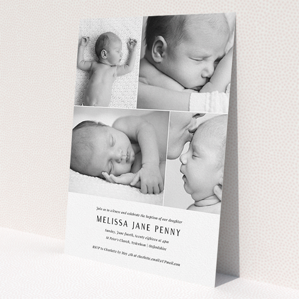 A baptism invitation template titled "All on top". It is an A5 invite card in a portrait orientation. It is a photographic baptism invitation with room for 4 photos. "All on top" is available as a flat invite card, with mainly white colouring.