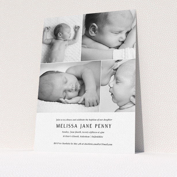 A baptism invitation template titled "All on top". It is an A5 invite card in a portrait orientation. It is a photographic baptism invitation with room for 4 photos. "All on top" is available as a flat invite card, with mainly white colouring.