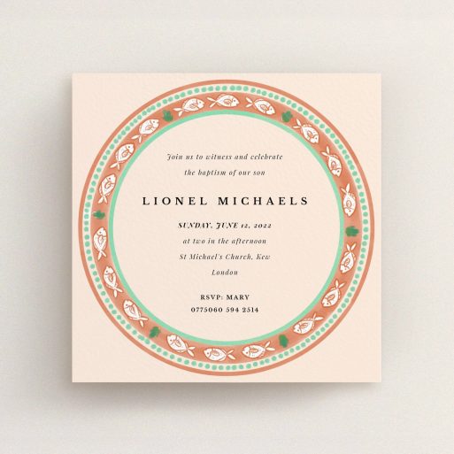 Baptism Invitation Design - "Amalfi" A baptism invitation named "Amalfi". It is a square (148mm x 148mm) invite card in a square orientation. "Amalfi" is available as a flat invite card, with tones of pink and orange.
