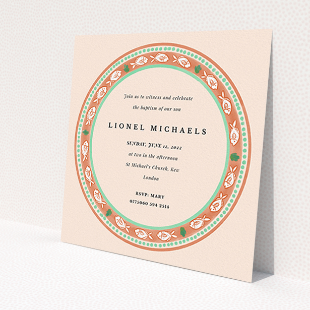 A baptism invitation named "Amalfi". It is a square (148mm x 148mm) invite card in a square orientation. "Amalfi" is available as a flat invite card, with tones of pink and orange.