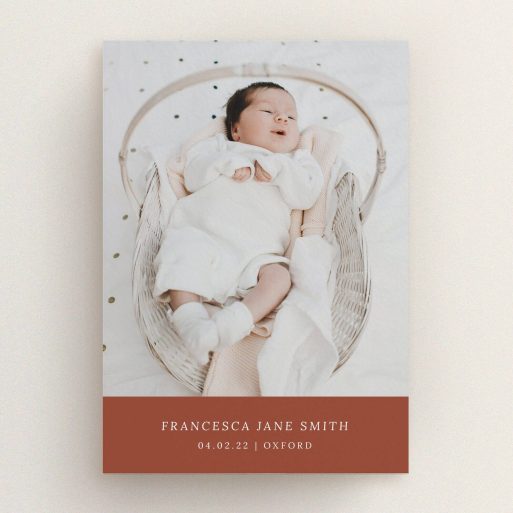 Baptism Invitation Design - "Autumnal Photo" A baptism invitation design named "Autumnal Photo". It is an A5 invite card in a portrait orientation. It is a photographic baptism invitation with room for 1 photo. "Autumnal Photo" is available as a flat invite card, with mainly dark orange colouring.