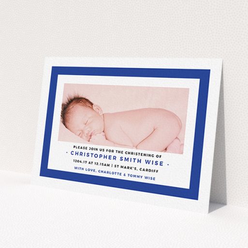 A baptism invitation named 'Big Blue'. It is an A6 invite card in a landscape orientation. It is a photographic baptism invitation with room for 1 photo. 'Big Blue' is available as a flat invite card, with tones of blue and white.
