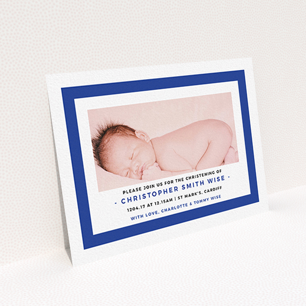 A baptism invitation named "Big Blue". It is an A6 invite card in a landscape orientation. It is a photographic baptism invitation with room for 1 photo. "Big Blue" is available as a flat invite card, with tones of blue and white.