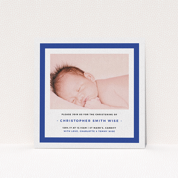 A baptism invitation design called "Big Blue". It is a square (148mm x 148mm) invite card in a square orientation. It is a photographic baptism invitation with room for 1 photo. "Big Blue" is available as a flat invite card, with tones of blue and white.