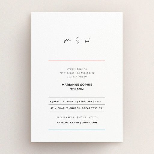Baptism Invitation Design - "Blue and Pink" A baptism invitation design named "Blue and Pink". It is an A5 invite card in a portrait orientation. "Blue and Pink" is available as a flat invite card, with tones of white and blue.