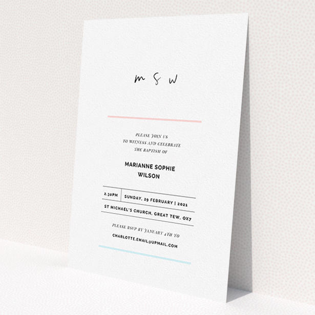 A baptism invitation design named 'Blue and Pink'. It is an A5 invite card in a portrait orientation. 'Blue and Pink' is available as a flat invite card, with tones of white and blue.