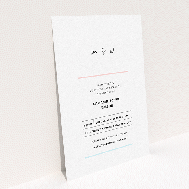 A baptism invitation design named "Blue and Pink". It is an A5 invite card in a portrait orientation. "Blue and Pink" is available as a flat invite card, with tones of white and blue.