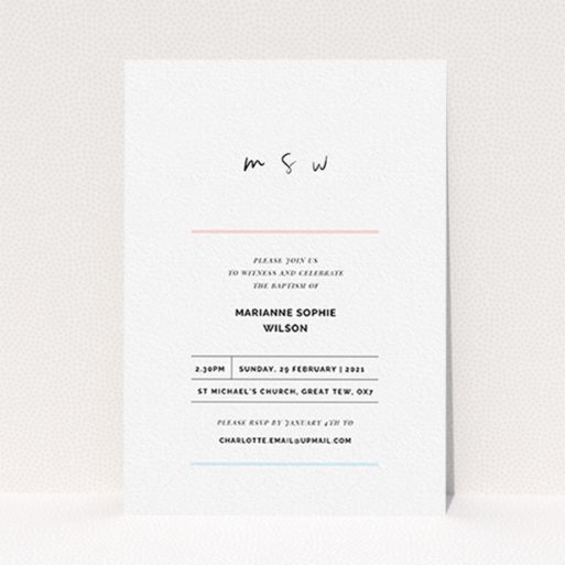 A baptism invitation design named "Blue and Pink". It is an A6 invite card in a portrait orientation. "Blue and Pink" is available as a flat invite card, with tones of white and blue.