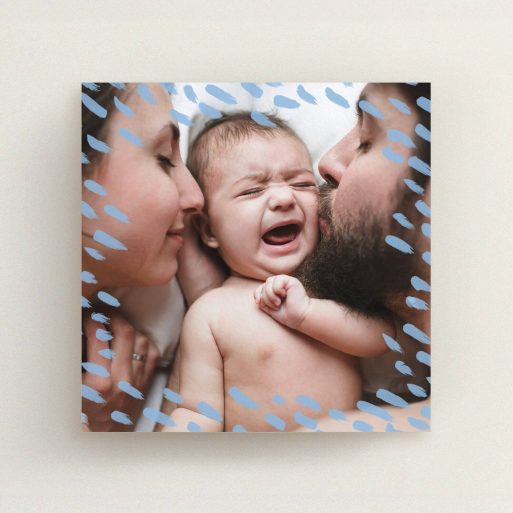 Baptism Invitation Design - "Blue Dashes" A baptism invitation design named "Blue Dashes". It is a square (148mm x 148mm) invite card in a square orientation. It is a photographic baptism invitation with room for 1 photo. "Blue Dashes" is available as a flat invite card, with mainly blue colouring.