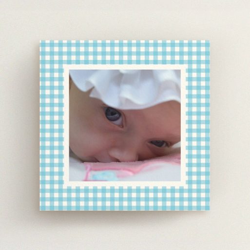 Baptism Invitation Design - "Blue Plaid" A baptism invitation called "Blue Plaid". It is a square (148mm x 148mm) invite card in a square orientation. It is a photographic baptism invitation with room for 1 photo. "Blue Plaid" is available as a flat invite card, with tones of blue and white.