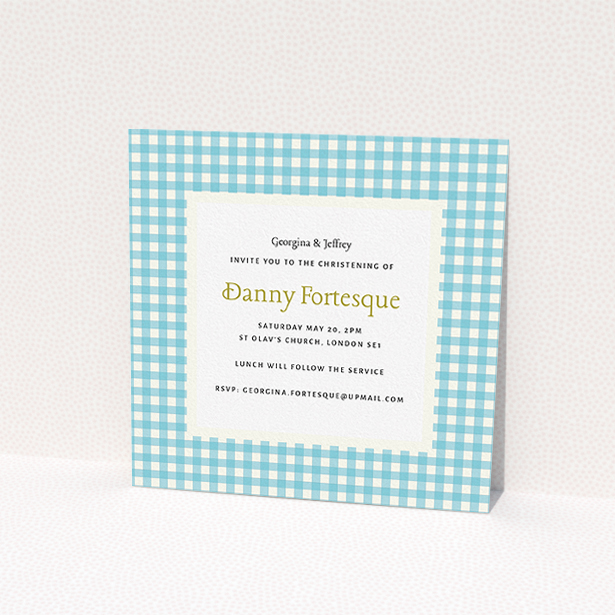 A baptism invitation called "Blue Plaid". It is a square (148mm x 148mm) invite card in a square orientation. It is a photographic baptism invitation with room for 1 photo. "Blue Plaid" is available as a flat invite card, with tones of blue and white.