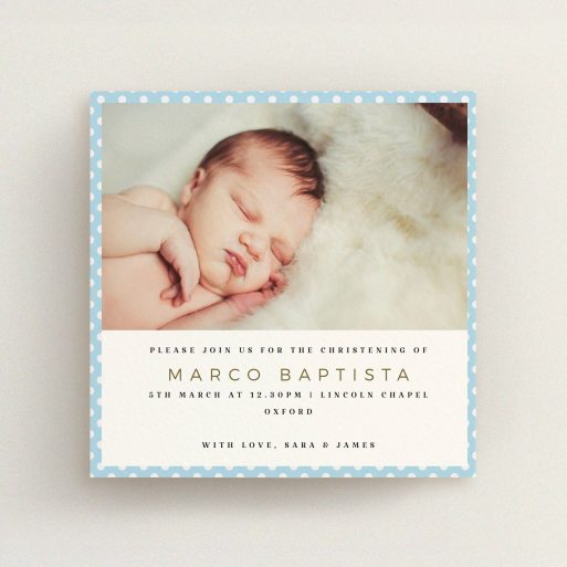 Baptism Invitation Design - "Blue Polkadots" A baptism invitation named "Blue Polkadots". It is a square (148mm x 148mm) invite card in a square orientation. It is a photographic baptism invitation with room for 1 photo. "Blue Polkadots" is available as a flat invite card, with tones of blue and white.
