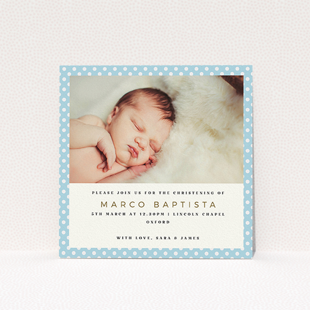 A baptism invitation named "Blue Polkadots". It is a square (148mm x 148mm) invite card in a square orientation. It is a photographic baptism invitation with room for 1 photo. "Blue Polkadots" is available as a flat invite card, with tones of blue and white.