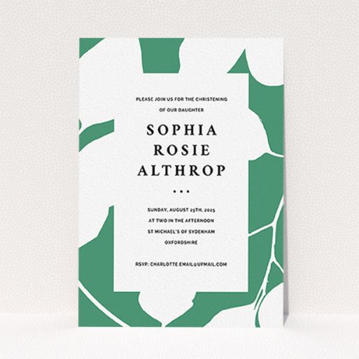 A baptism invitation template titled "Bold Green". It is an A6 invite card in a portrait orientation. "Bold Green" is available as a flat invite card, with tones of green and white.