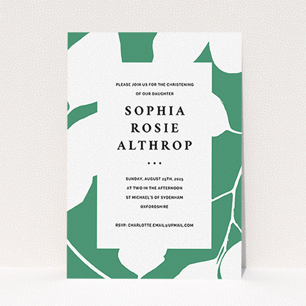 A baptism invitation template titled "Bold Green". It is an A6 invite card in a portrait orientation. "Bold Green" is available as a flat invite card, with tones of green and white.