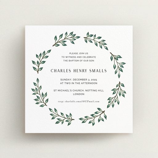 Baptism Invitation Design - "Bold Wreath" A baptism invitation design titled "Bold Wreath". It is a square (148mm x 148mm) invite card in a square orientation. "Bold Wreath" is available as a flat invite card, with tones of green and white.