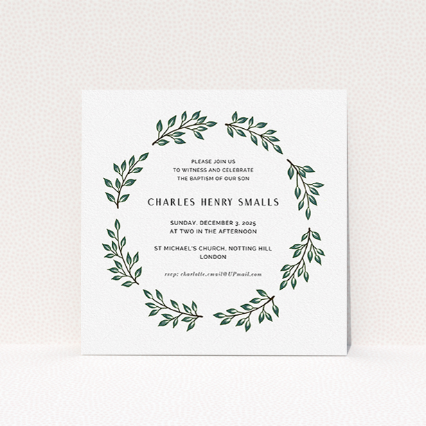 A baptism invitation design titled "Bold Wreath". It is a square (148mm x 148mm) invite card in a square orientation. "Bold Wreath" is available as a flat invite card, with tones of green and white.