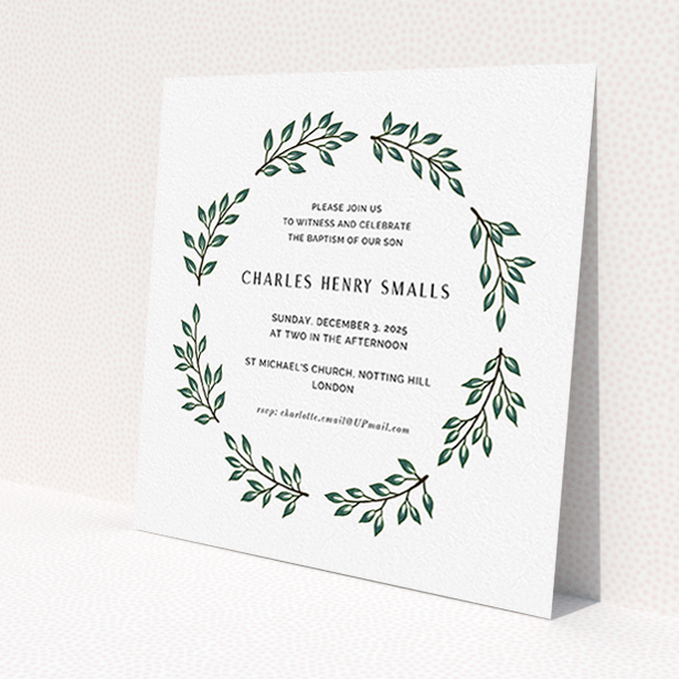 A baptism invitation design titled "Bold Wreath". It is a square (148mm x 148mm) invite card in a square orientation. "Bold Wreath" is available as a flat invite card, with tones of green and white.