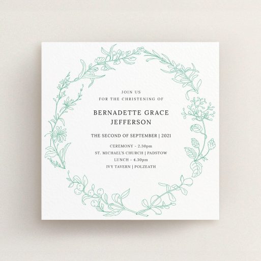 Baptism Invitation Design - "Botanicals" A baptism invitation design titled "Botanicals". It is a square (148mm x 148mm) invite card in a square orientation. "Botanicals" is available as a flat invite card, with tones of green and white.