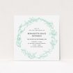 A baptism invitation design titled "Botanicals". It is a square (148mm x 148mm) invite card in a square orientation. "Botanicals" is available as a flat invite card, with tones of green and white.