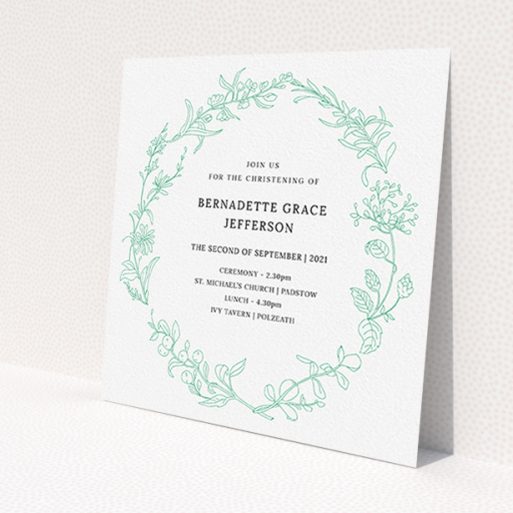 A baptism invitation design titled 'Botanicals'. It is a square (148mm x 148mm) invite card in a square orientation. 'Botanicals' is available as a flat invite card, with tones of green and white.