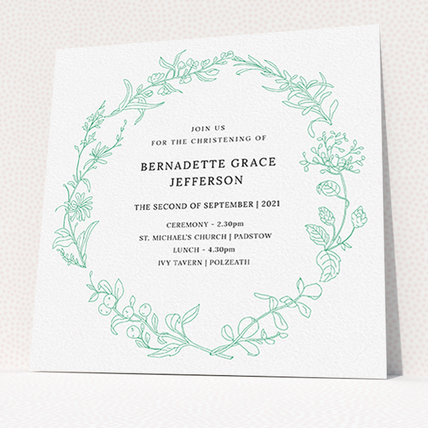 A baptism invitation design titled "Botanicals". It is a square (148mm x 148mm) invite card in a square orientation. "Botanicals" is available as a flat invite card, with tones of green and white.