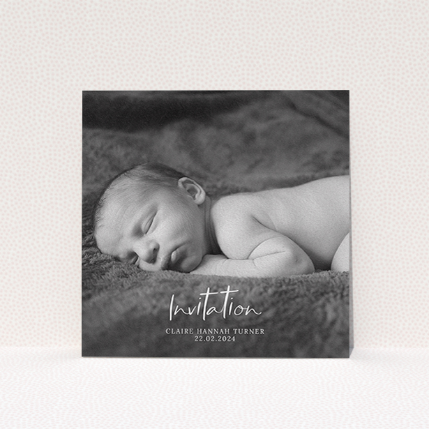A baptism invitation design called "Central Script". It is a square (148mm x 148mm) invite card in a square orientation. It is a photographic baptism invitation with room for 1 photo. "Central Script" is available as a flat invite card, with mainly white colouring.