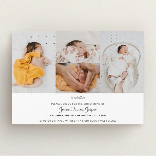 Baptism Invitation Design - "Cheek by Jowl" A baptism invitation called "Cheek by Jowl". It is an A5 invite card in a landscape orientation. It is a photographic baptism invitation with room for 4 photos. "Cheek by Jowl" is available as a flat invite card, with mainly white colouring.