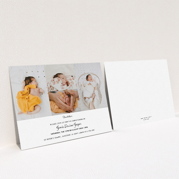 A baptism invitation called "Cheek by Jowl". It is an A5 invite card in a landscape orientation. It is a photographic baptism invitation with room for 4 photos. "Cheek by Jowl" is available as a flat invite card, with mainly white colouring.