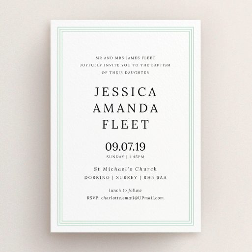 Baptism Invitation Design - "Classic Border" A baptism invitation called "Classic Border". It is an A5 invite card in a portrait orientation. "Classic Border" is available as a flat invite card, with tones of blue and white.