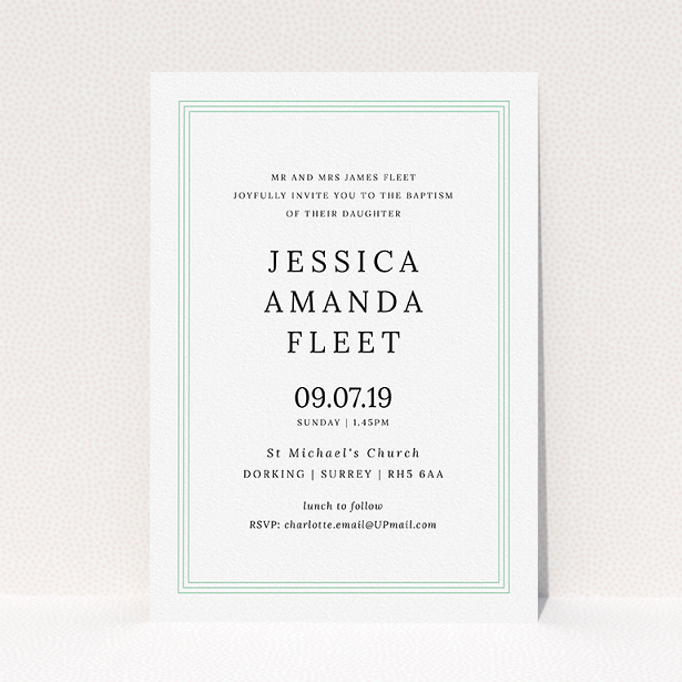 A baptism invitation called "Classic Border". It is an A5 invite card in a portrait orientation. "Classic Border" is available as a flat invite card, with tones of blue and white.