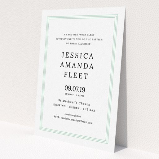 A baptism invitation called 'Classic Border'. It is an A5 invite card in a portrait orientation. 'Classic Border' is available as a flat invite card, with tones of blue and white.