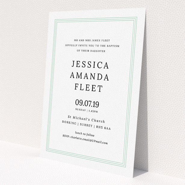 A baptism invitation called 'Classic Border'. It is an A5 invite card in a portrait orientation. 'Classic Border' is available as a flat invite card, with tones of blue and white.